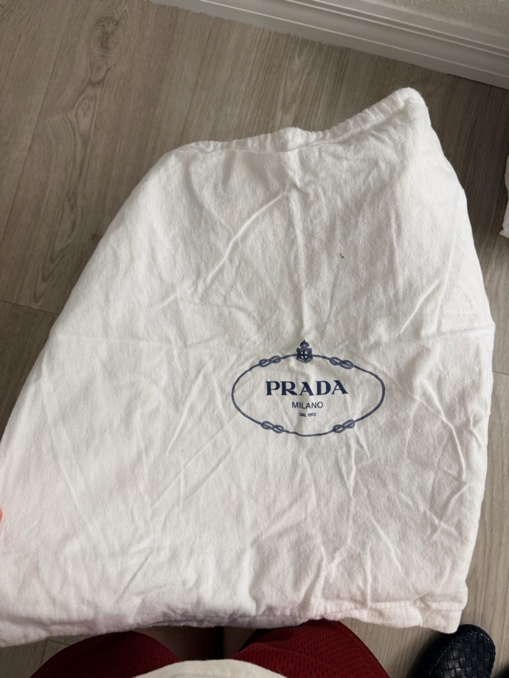 Prada White Storage Bag with Blue Logo